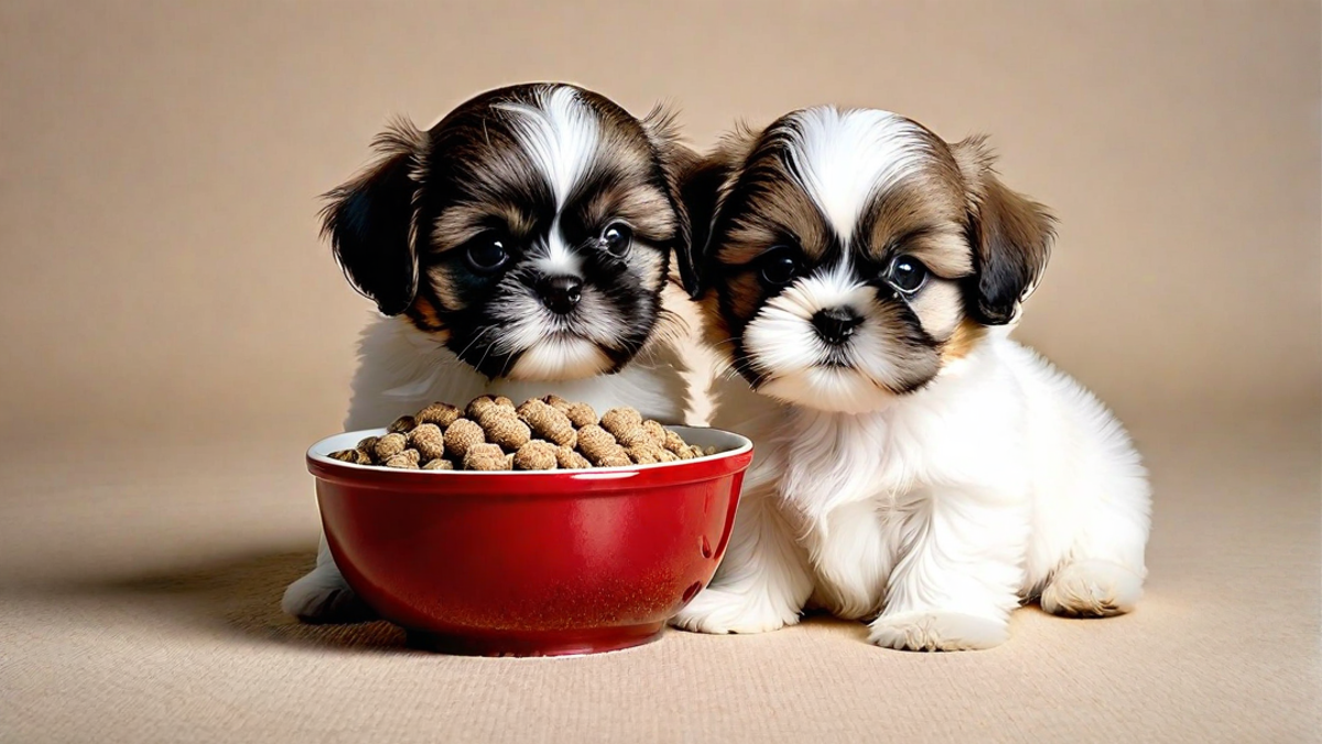 Two Shih Tzu Puppies Sharing a Bowl of Food