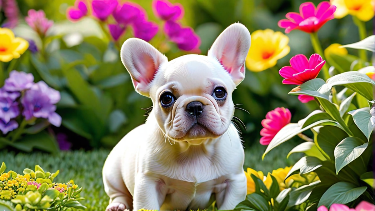 White French Bulldog Puppy Amongst Flowers