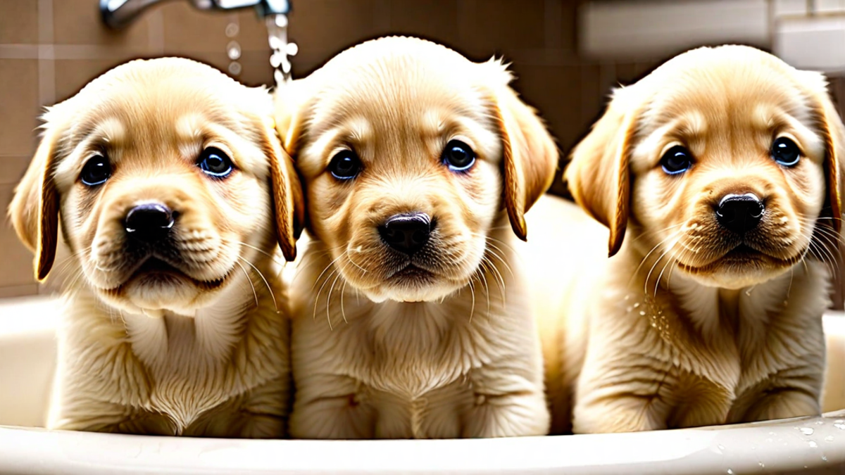 Yellow Lab Puppies Taking Their First Bath