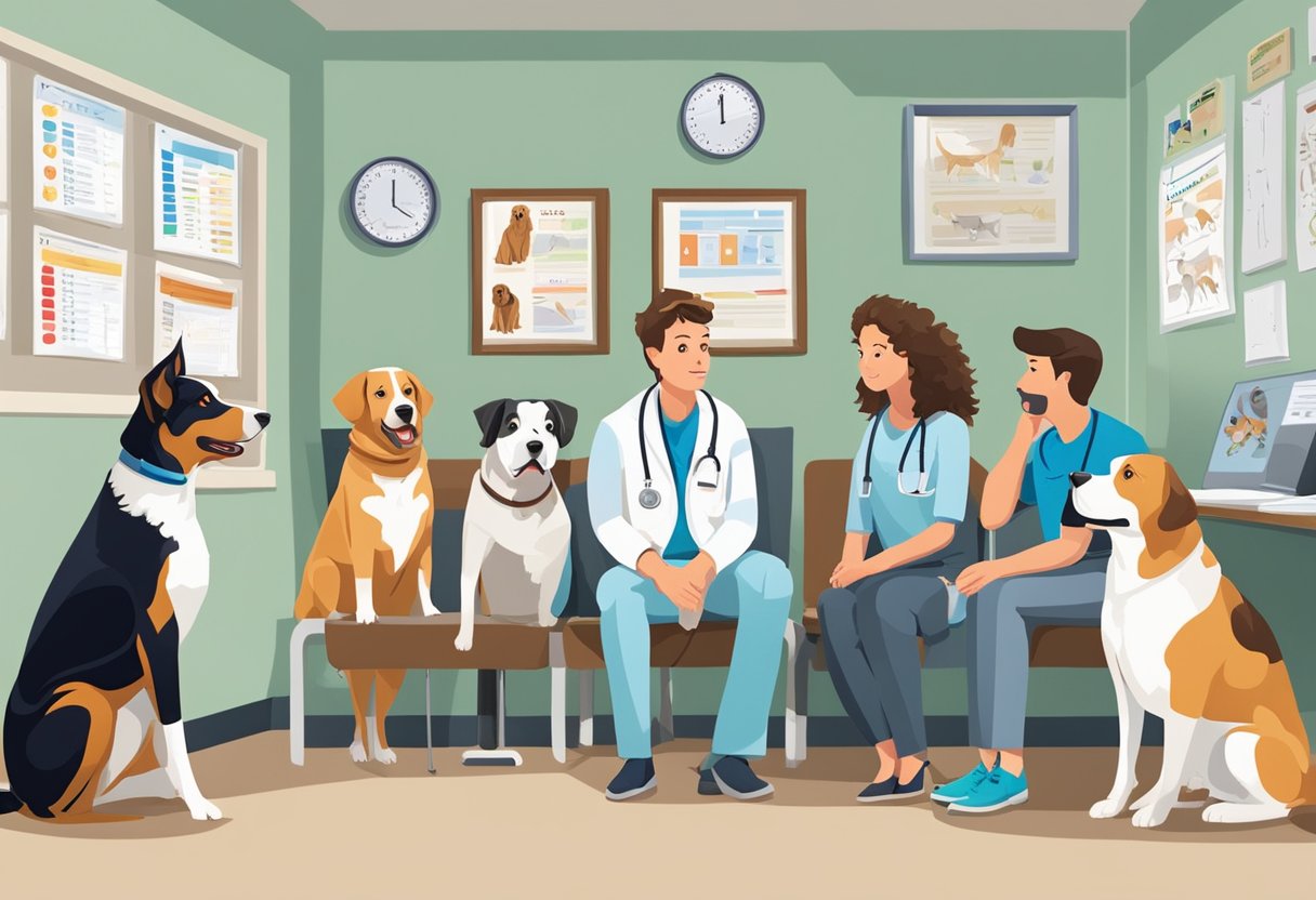 Seven dogs of popular breeds sit in a vet's office, while the vet looks exasperated. A chart on the wall shows common health issues for each breed