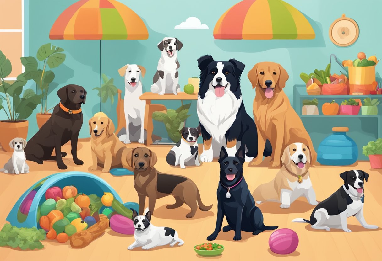 A group of seven popular dog breeds lounging in a vibrant, pet-friendly environment, surrounded by healthy food, toys, and exercise equipment