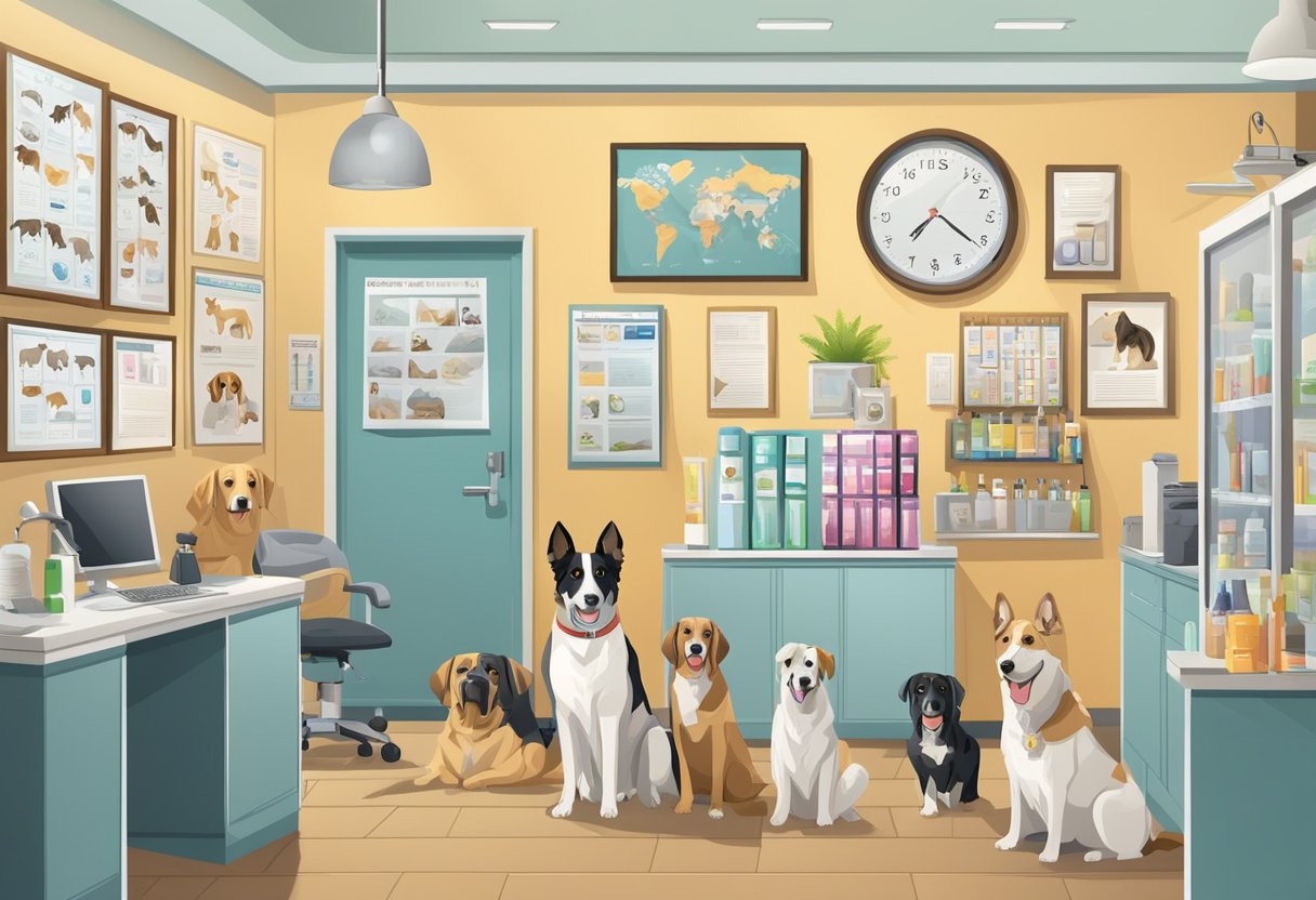 Seven popular dog breeds in a vet's office, with a mix of sizes and colors, surrounded by informative posters and pet care products