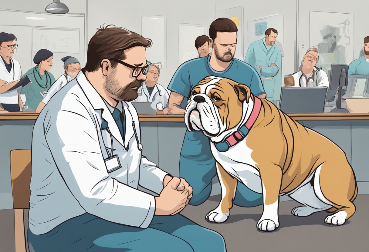 A bulldog struggles to breathe, its body weighed down by orthopedic issues. Other popular dog breeds surround it, while a vet looks on with concern