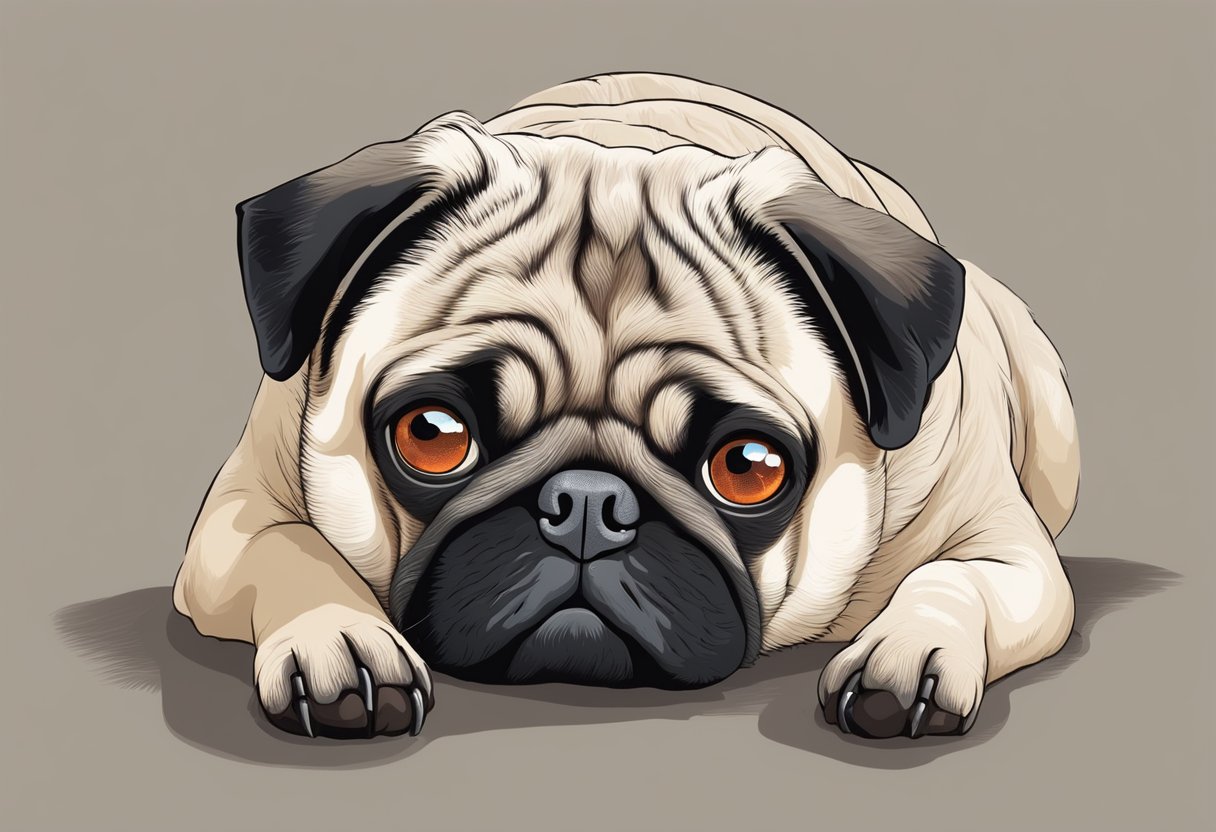 A pug with red, irritated eyes and flaky skin. Other popular dog breeds in the background