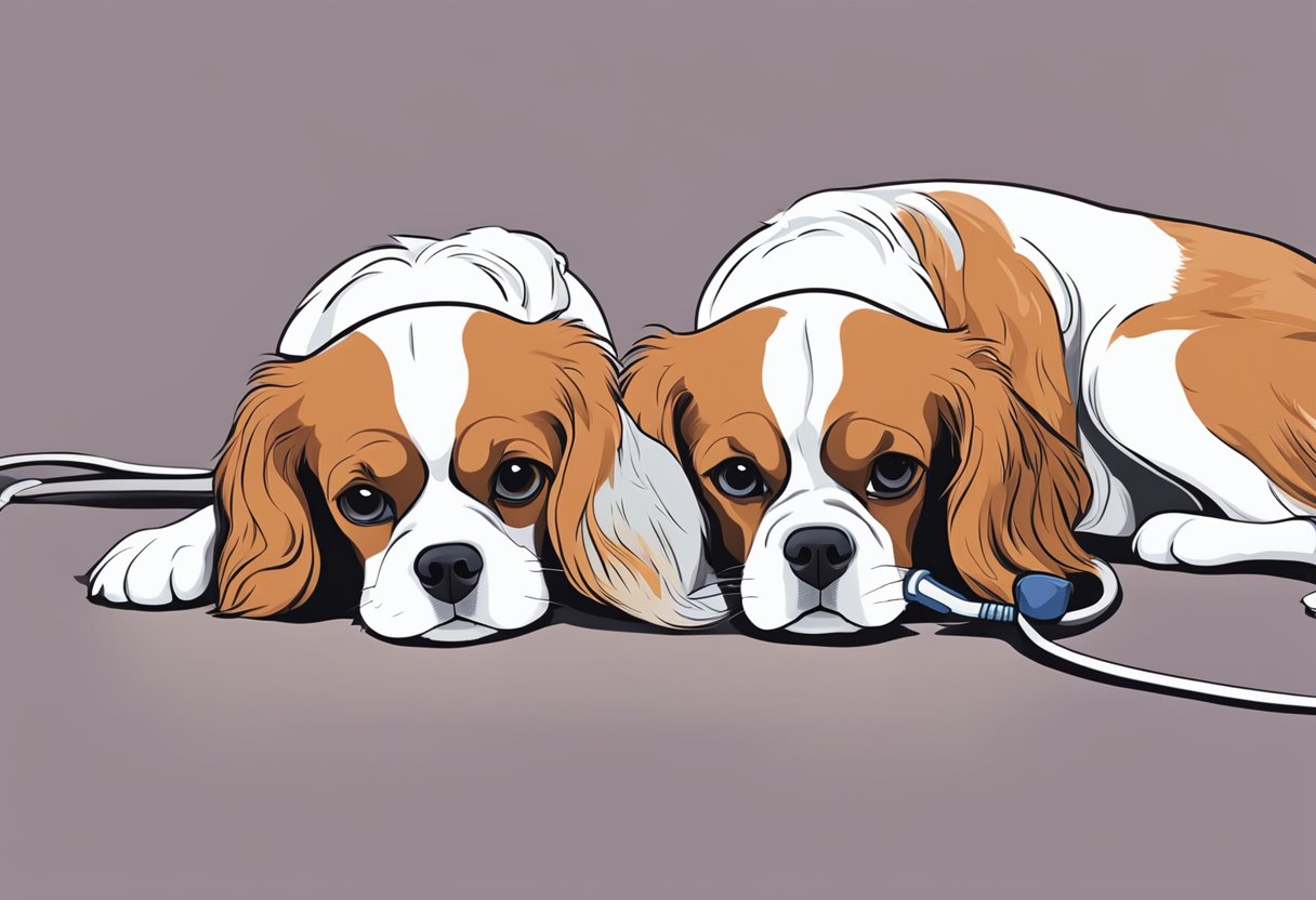 Two Cavalier King Charles Spaniels with sad expressions, one laying down with labored breathing, the other looking concerned. A veterinary stethoscope and heart monitor in the background