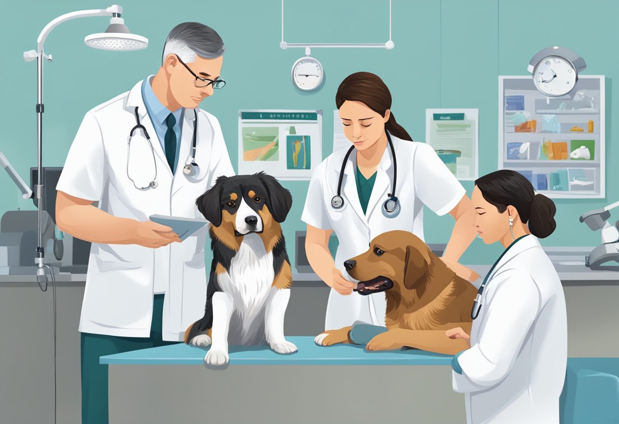 Vets examining popular dog breeds for health concerns. Illustrate them in a clinic setting, with concerned expressions and medical equipment present