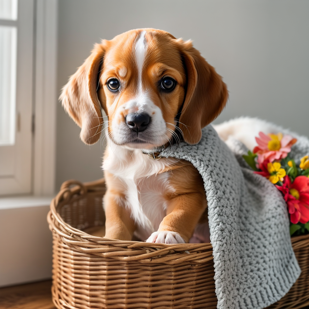 Tiny Beagle Puppy in a Basket