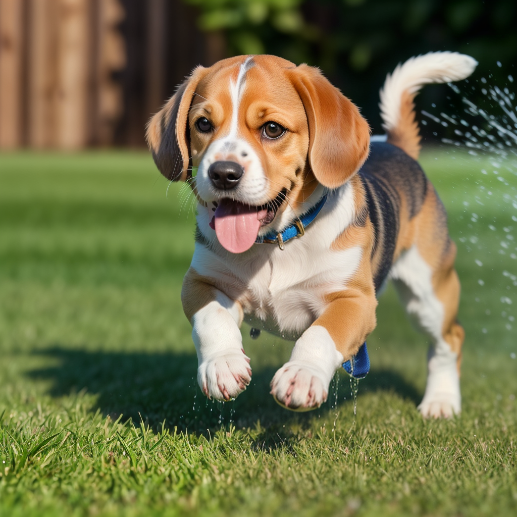 Beagle Puppy Running Through a Sprinkler