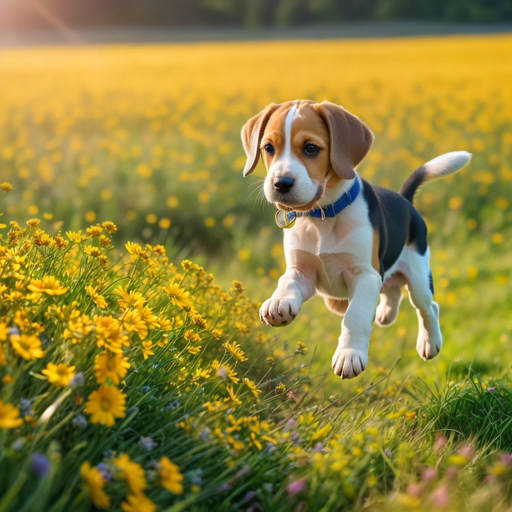 Bouncing Beagle Puppy in a Field of Flowers