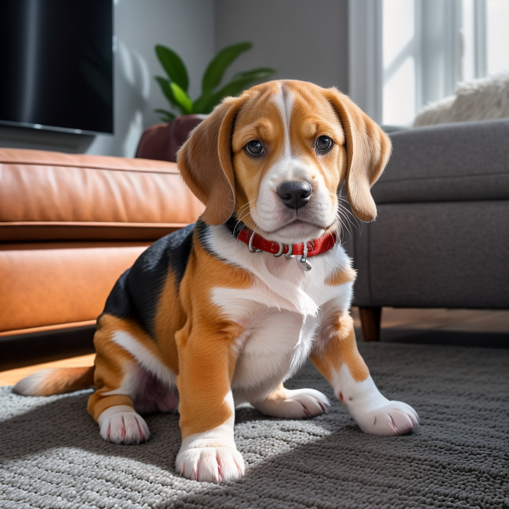 Beagle Puppy Peeking Out from Under the Couch