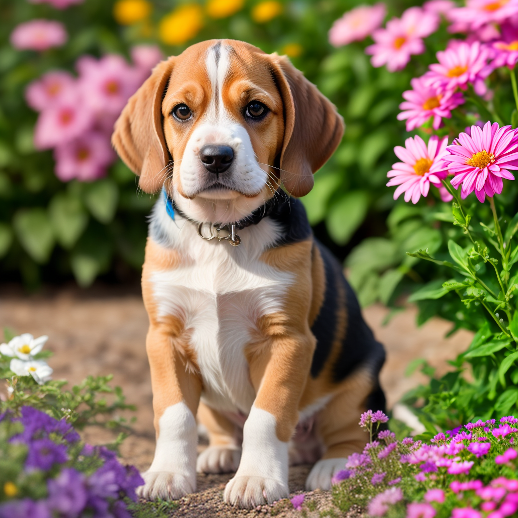 Beagle Puppy Sniffing Flowers