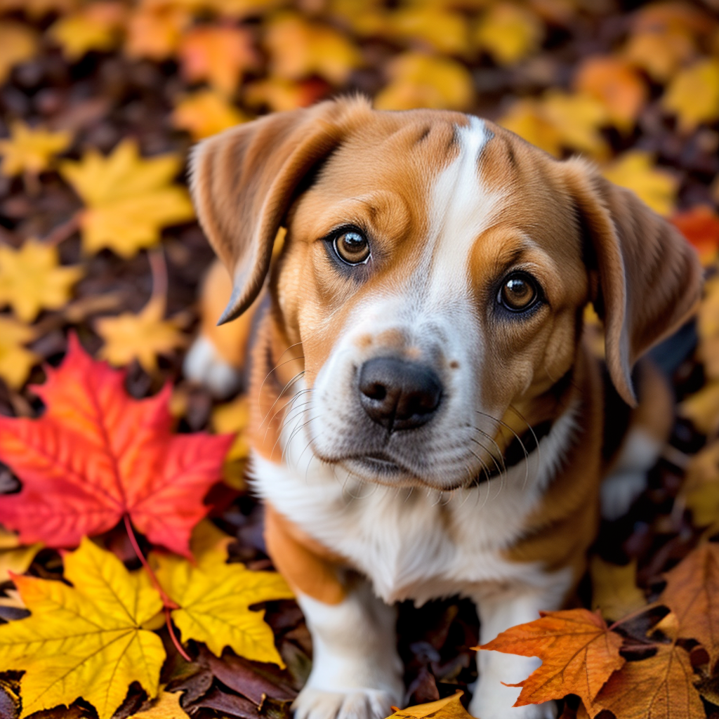 Beagle Puppy Buried in Leaves