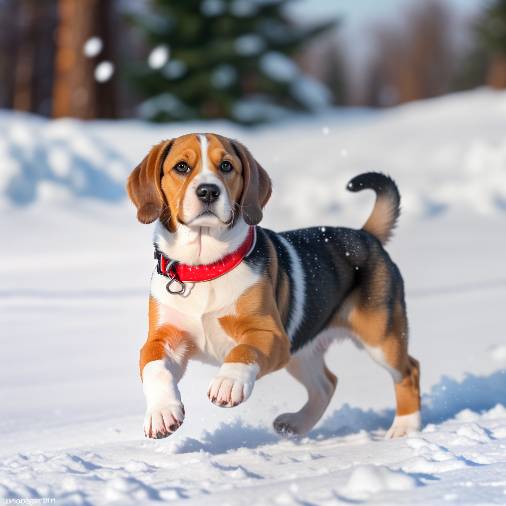 Beagle Puppy Playing in the Snow