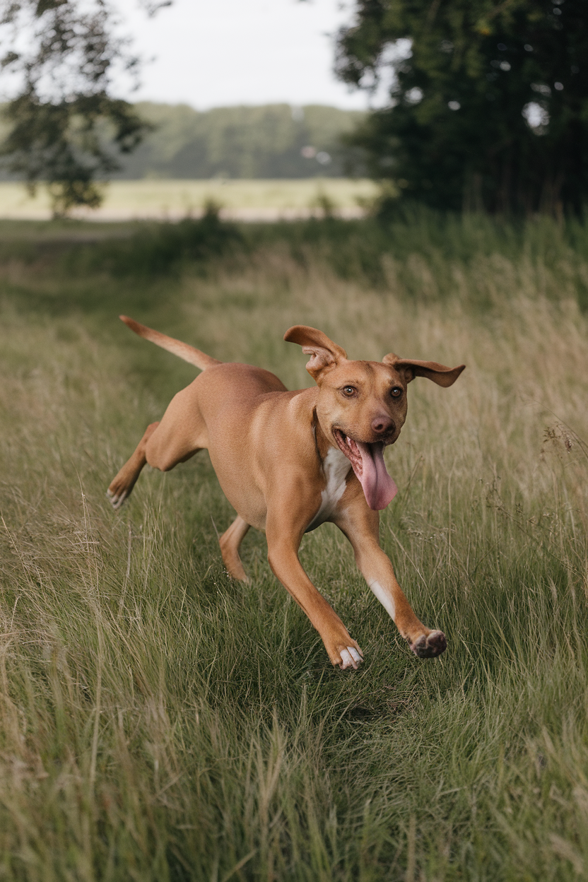 A dog joyfully running through a grassy field.