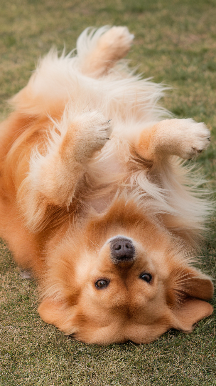 A fluffy golden dog lying on its back with paws in the air, enjoying the grass.