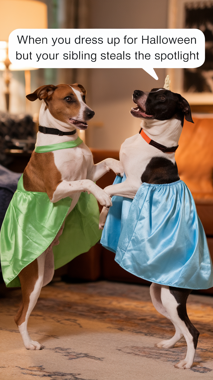 Two dogs dressed in colorful Halloween costumes looking playful