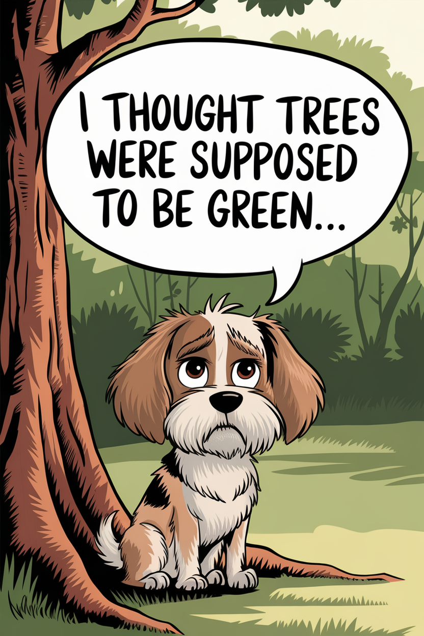 A cartoon dog looking puzzled next to a tree, with a speech bubble saying 'I thought trees were supposed to be green...'