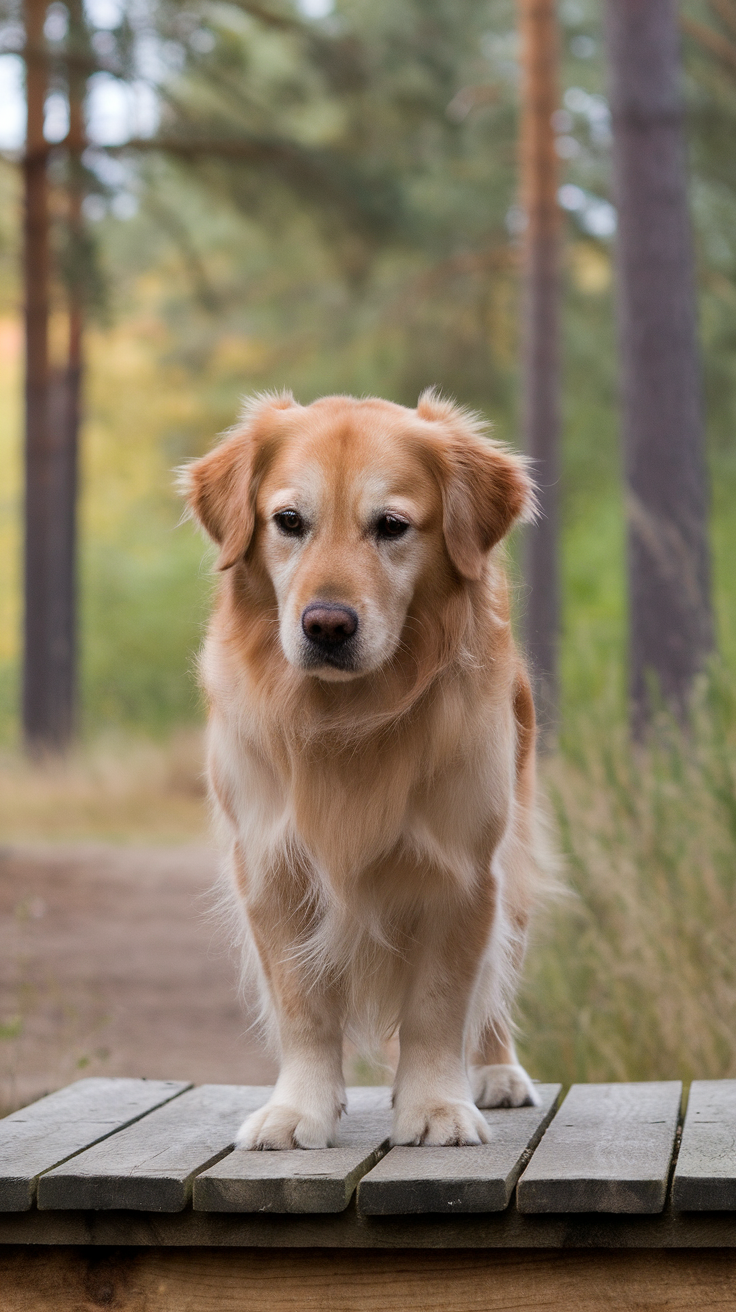 A thoughtful dog standing on a wooden platform in a forest.