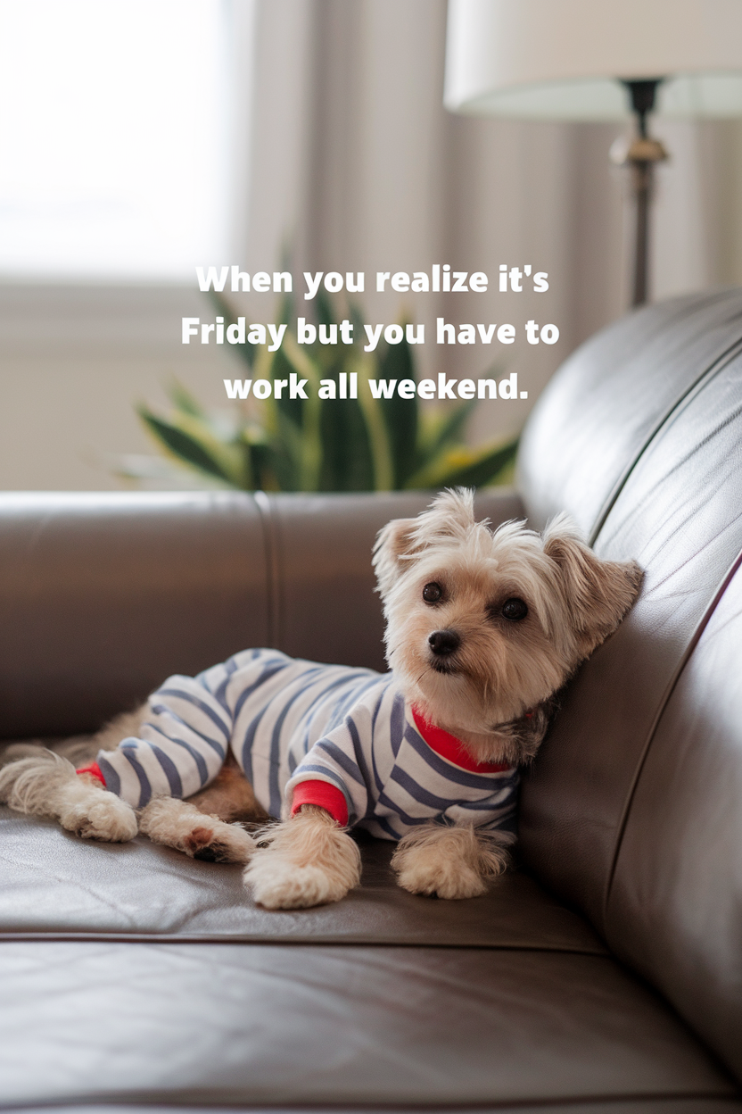 A small dog wearing striped pajamas, lounging on a couch with a relaxed expression.