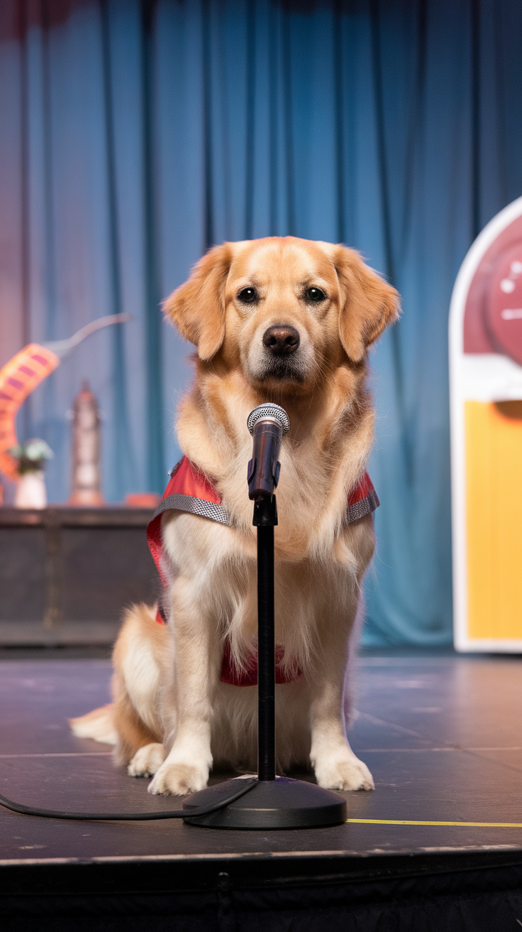 A golden retriever sitting at a microphone on stage, looking serious as if preparing to tell jokes.