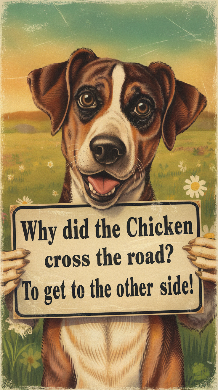 A cheerful dog holding a sign with a classic joke about a chicken crossing the road.