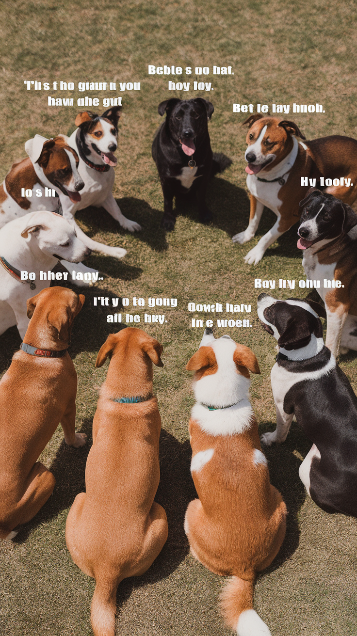 A group of dogs sitting in a circle with funny text bubbles above them.