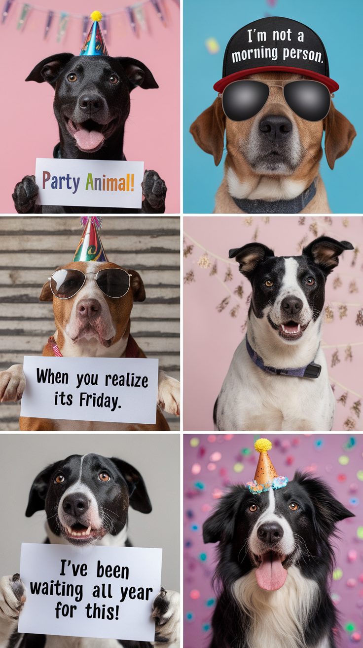 A collage of dogs wearing party hats and sunglasses, holding signs with humorous messages.