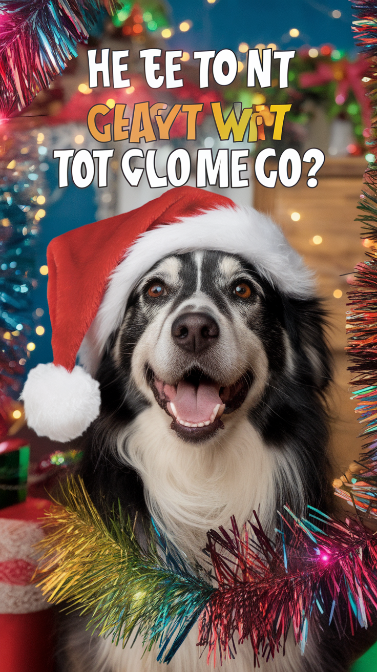 A happy dog wearing a Santa hat, surrounded by festive decorations.