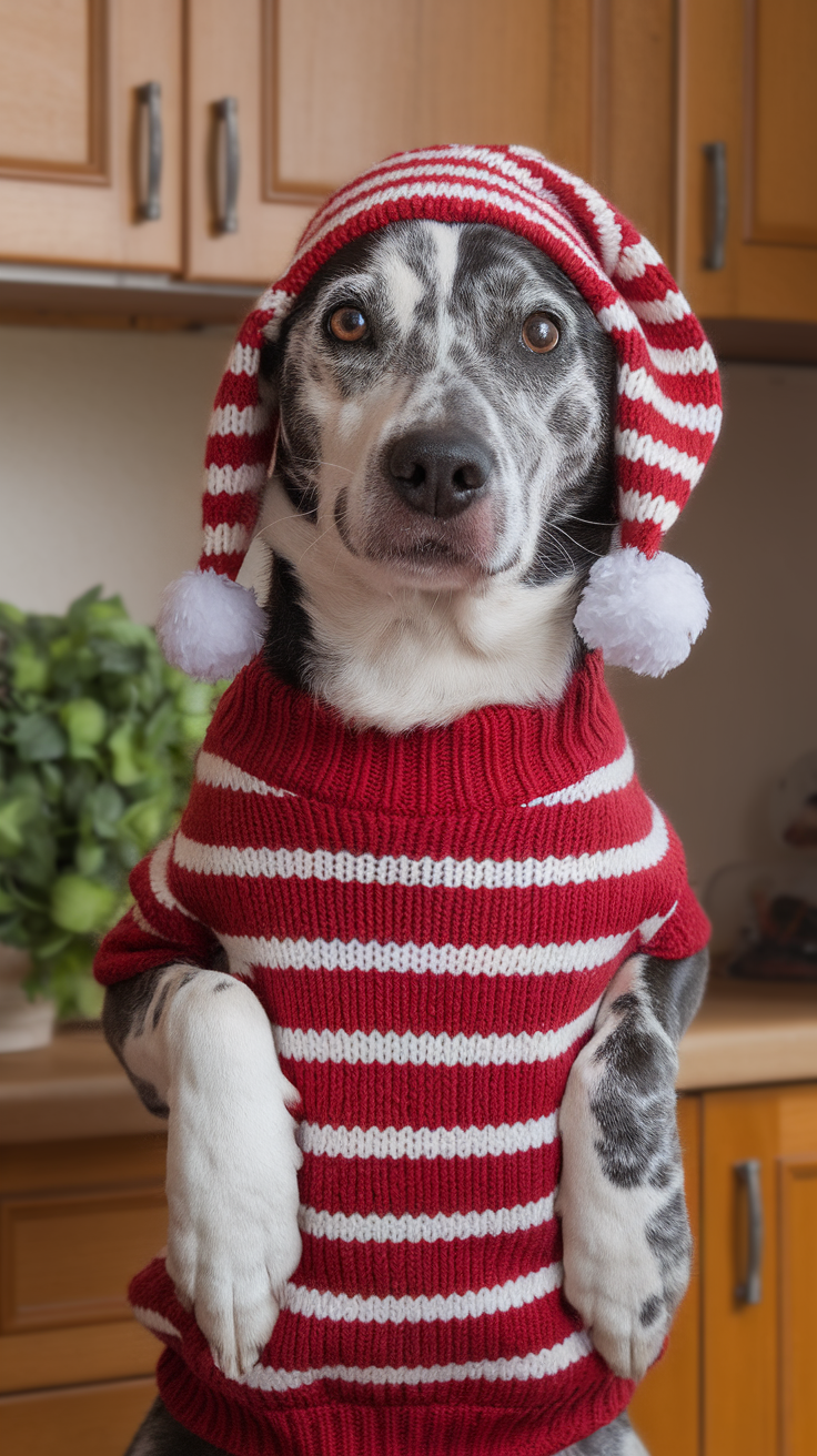 A dog wearing a red and white striped sweater and a festive hat, standing in a kitchen.