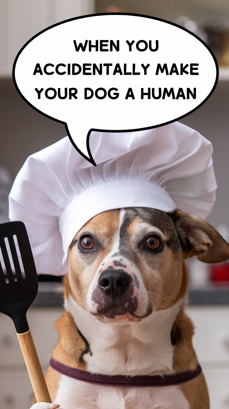 A dog wearing a chef's hat holding a spatula with the text 'WHEN YOU ACCIDENTALLY MAKE YOUR DOG A HUMAN'