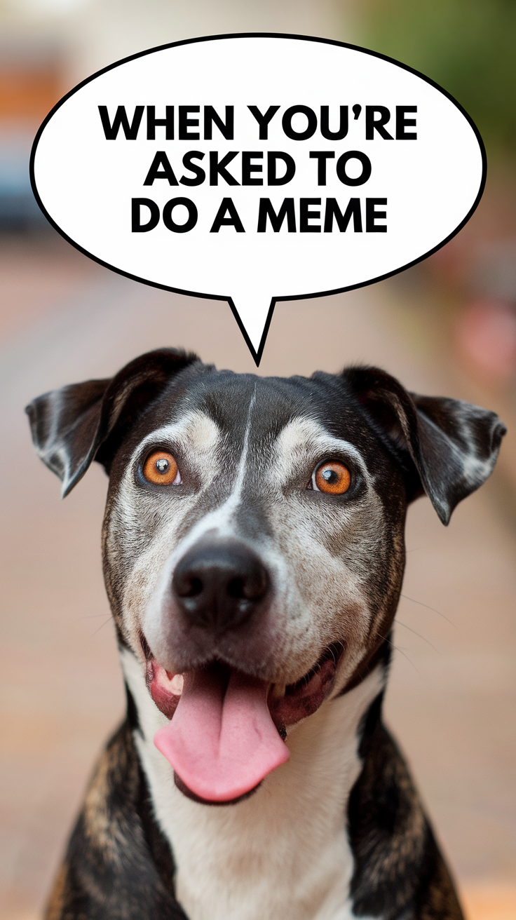 A happy dog with a big smile and expressive eyes, looking directly at the camera with a speech bubble saying, 'When you're asked to do a meme'