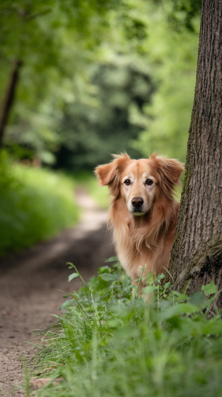 A golden dog peeking out from behind a tree, looking curiously toward a path in a green, wooded area.