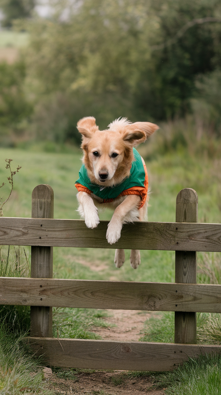 A golden retriever jumping over a wooden fence in a playful manner.