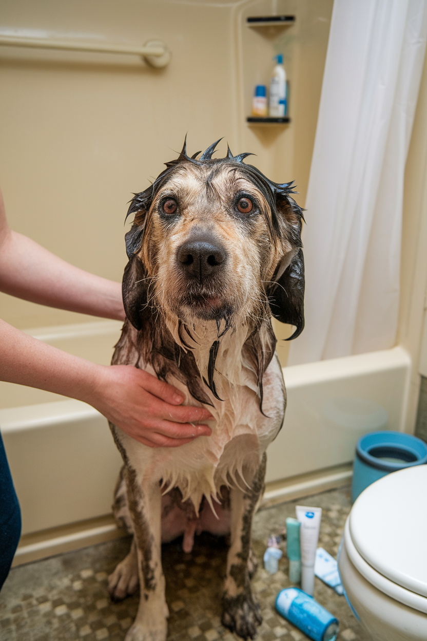 A dog being bathed in a bathroom, looking unhappy with wet fur.