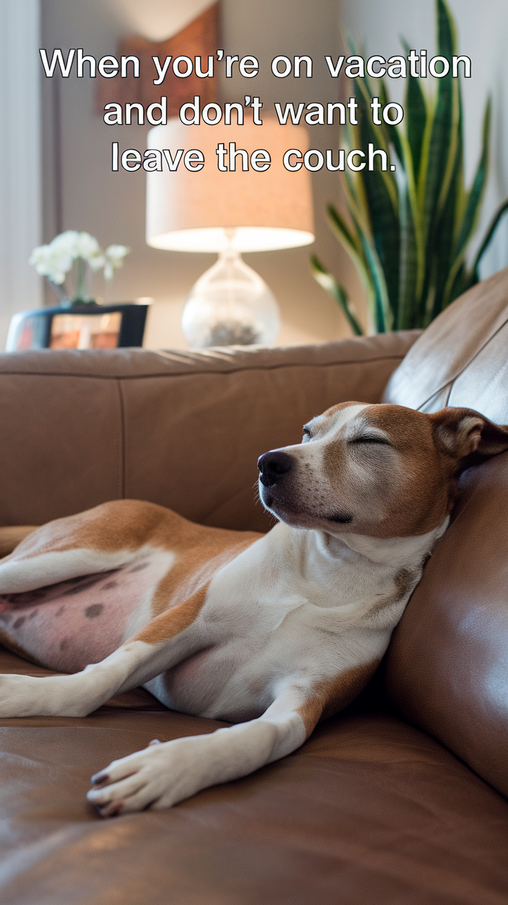 A dog relaxing on a couch with a light lamp and plant in the background.