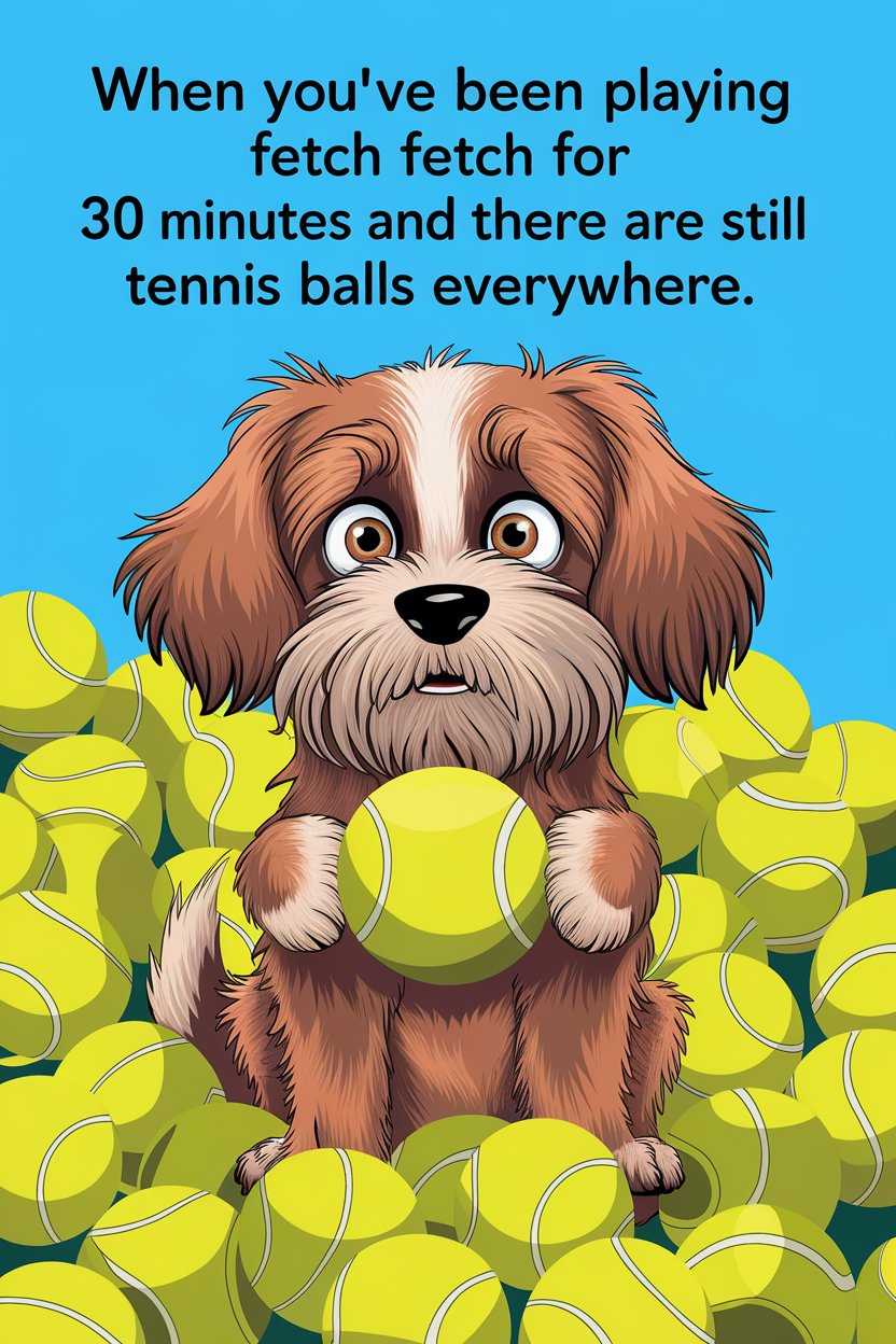 A cartoon dog surrounded by tennis balls, looking overwhelmed after playing fetch.