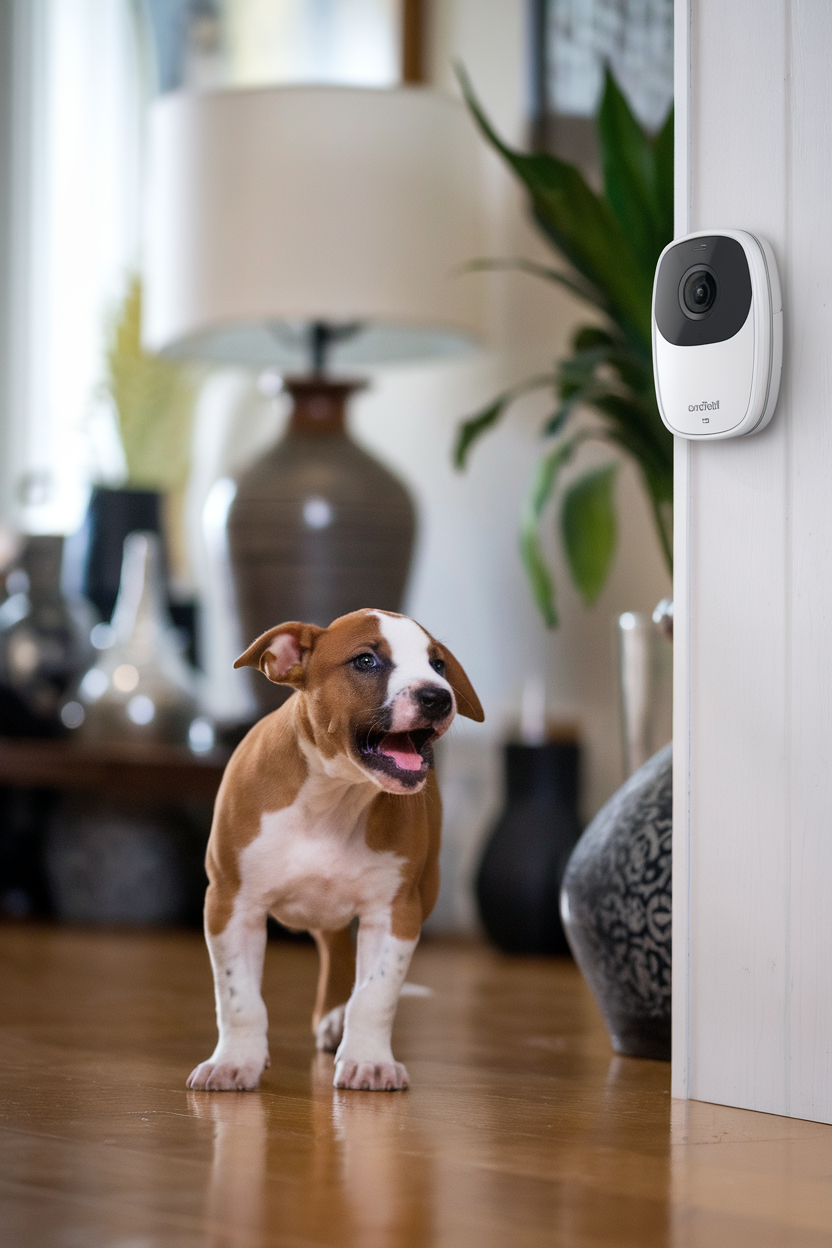 A playful puppy standing in a living room, looking towards a doorbell camera.