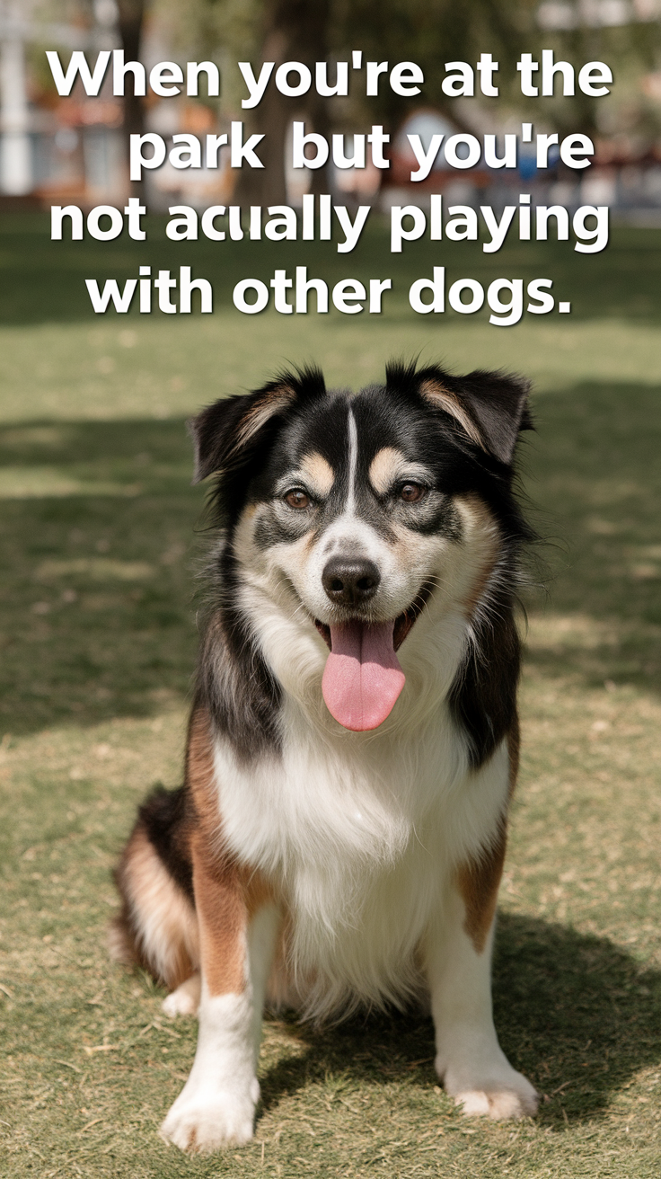 A happy dog sitting in a park with a playful expression.