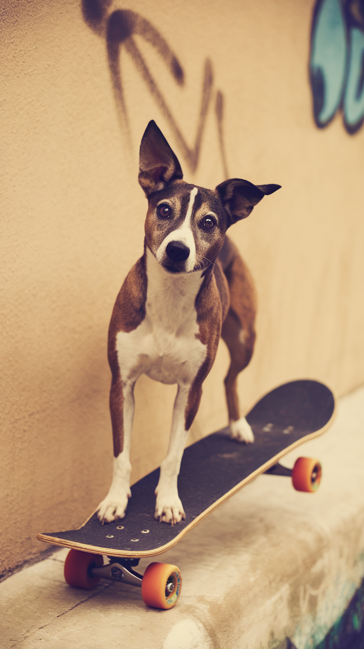 A dog standing on a skateboard with a playful expression